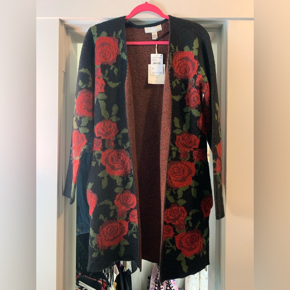 Floral Knit Open Cardigan Large